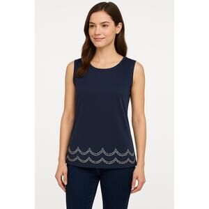 Elle Navy Blue Decorative Hem Pattern Round‎ Neck Sleeveless Top Womens Small